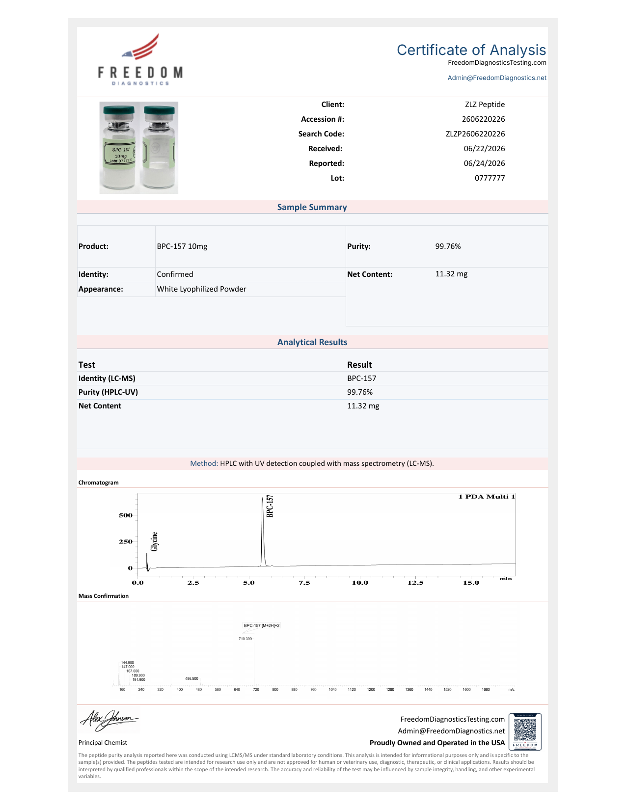 Laboratory report for BPC-157, lot 0777777