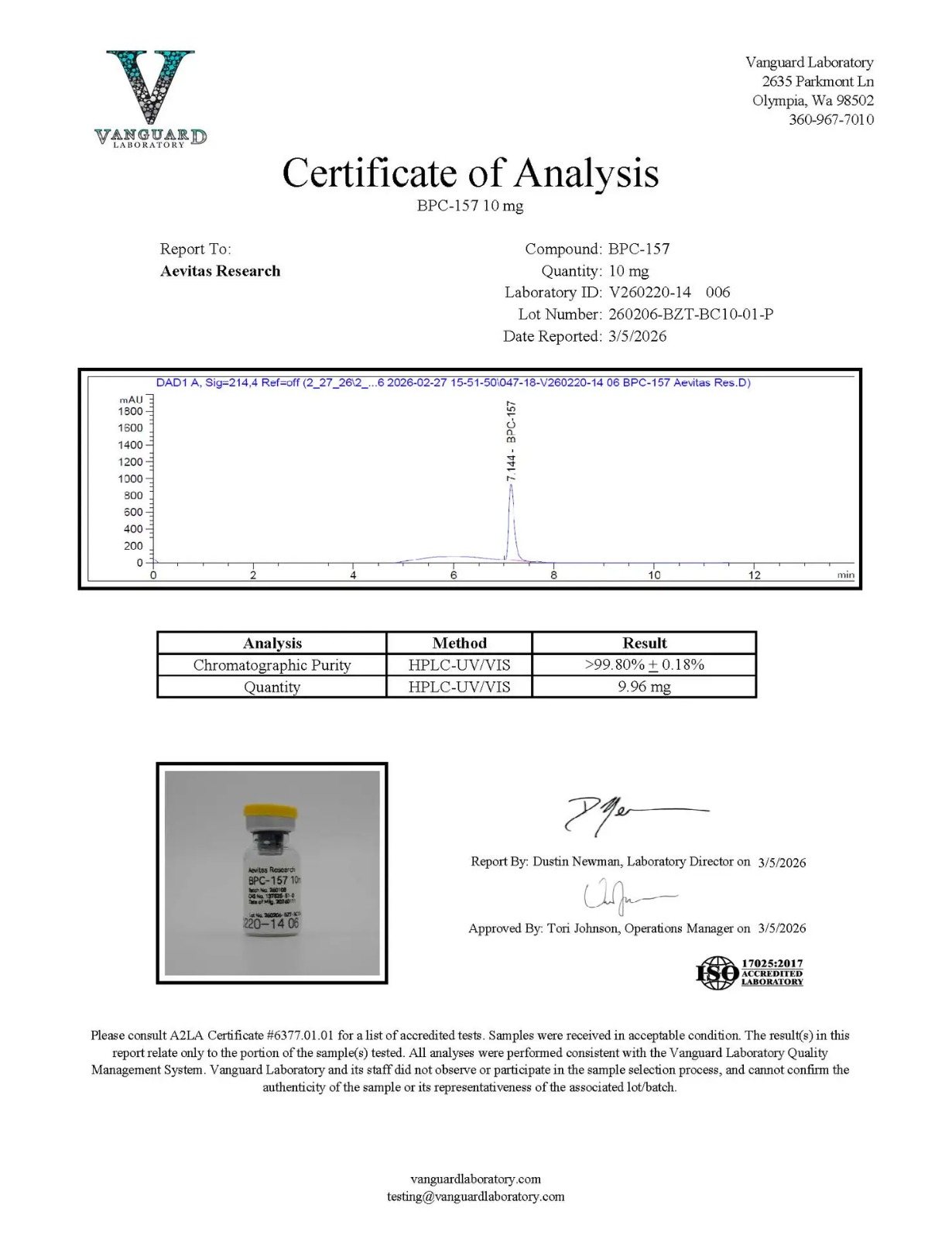 Laboratory report for BPC-157, lot 260206-BZT-BC10-01-P