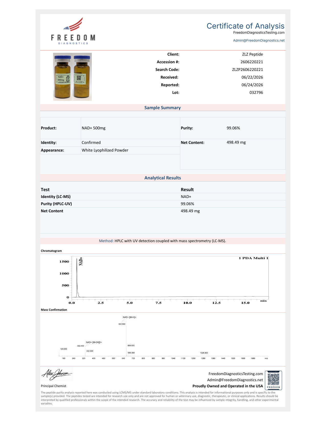 Freedom Diagnostics NAD+ 500 mg report for lot 032796