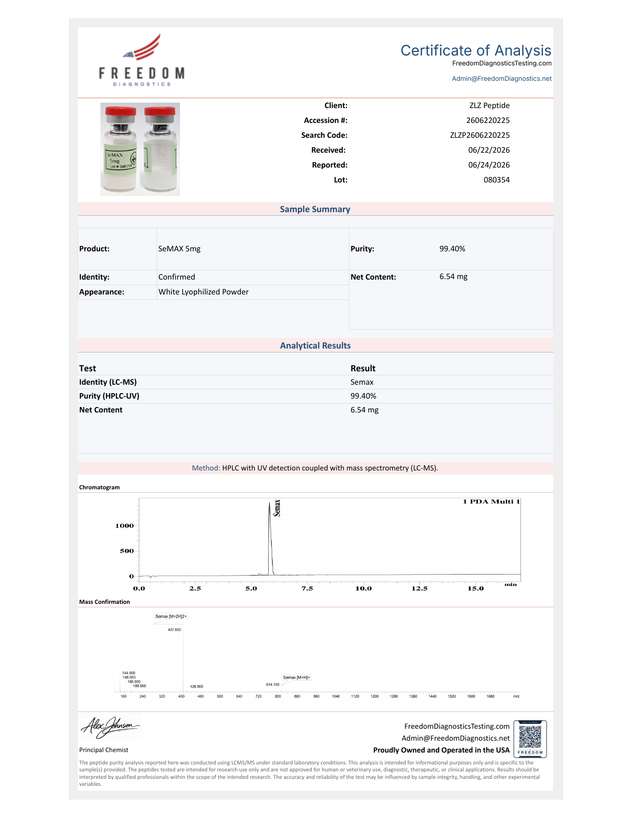 Laboratory report for Semax, lot 080354